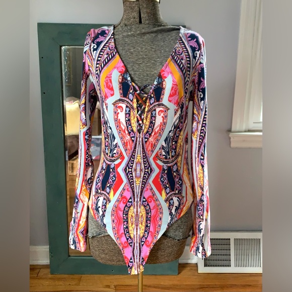 Free People Tops - Free People Bodysuit Long Sleeve Top Boho Hippie Top Sz M